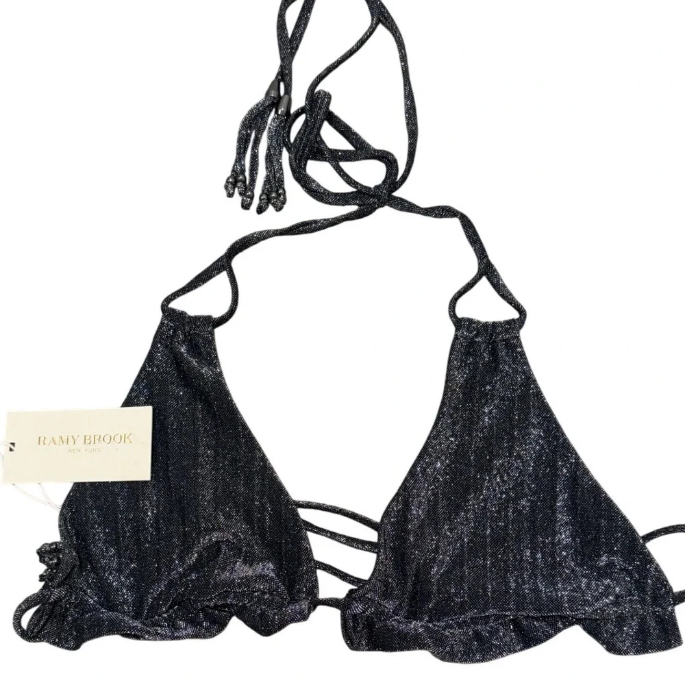 Ramy Brook Luxury Swimwear Bikini Top Women Medium Black Metallic Ruffle Halter
